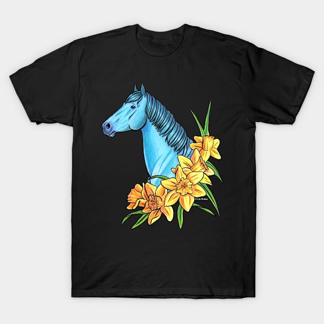 Aquamarine Horse with Daffodil Flowers T-Shirt by lizstaley